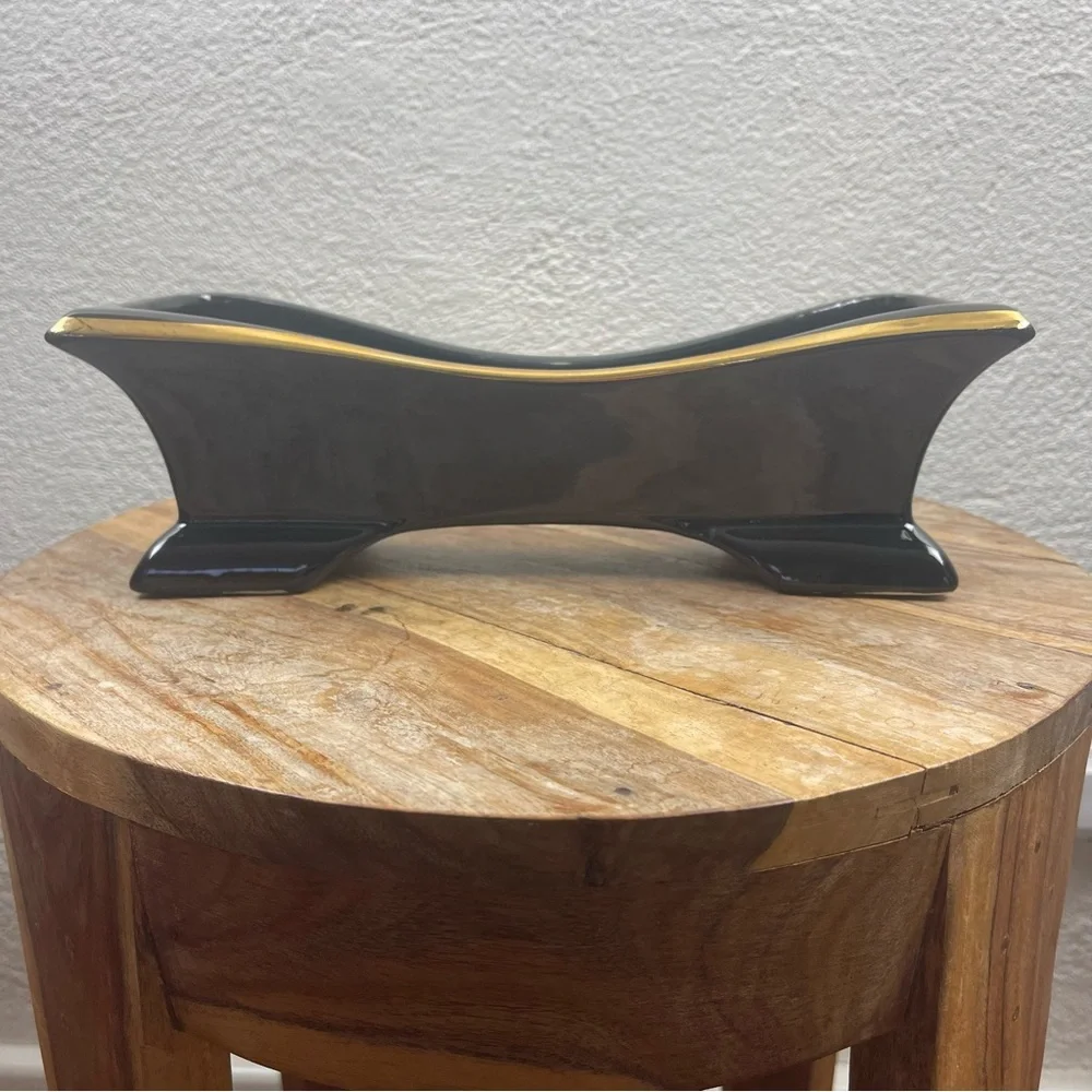 Vintage l 50s Mid-Century Mod Kitsch Glossy Black Gold Trim Long Footed Planter
